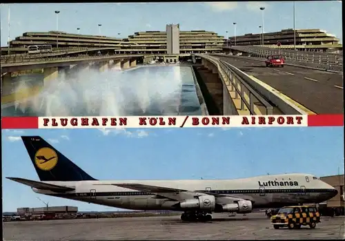 Ak Köln am Rhein, Flughafen Köln Bonn, Passagierflugzeug, Lufthansa, Wasserbecken mit Fontänen