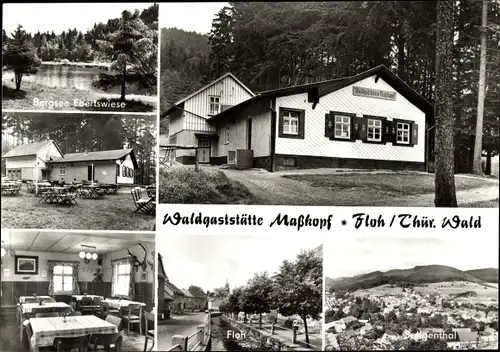 Ak Floh Seligenthal in Thüringen, Waldgaststätte Maßkopf, Gastraum, Bergsee Ebertswiese, Terrasse