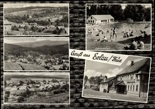 Ak Erlau Schleusingen in Thüringen, Gasthaus zur Grünen Erle, Schwimmbad,, Panorama