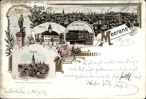 Litho Meerane in Sachsen, Bismarckdenkmal, Rathaus, Kirche, Neue Webschule, Gesamtansicht