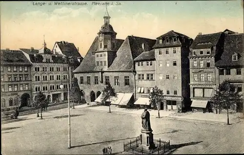 Ak Meerane in Sachsen, Langestraße, Wettiner Straße, Platz, Denkmal, Geschäfte