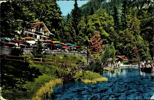 Ak Blausee Mitholz Kandergrund Kanton Bern, Gasthaus, Terrasse, Boot