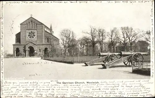 Ak Woolwich London England, The Garrison Church, Kanonen