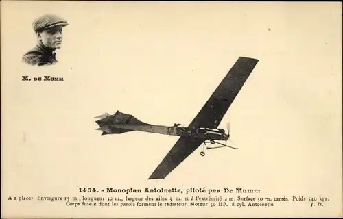 Ak Monoplan Antoinette, pilote par De Mumm, Flugzeug, Flugpionier