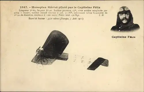 Ak Monoplan Bleriot, pilote par Capitaine Felix, Flugzeug, Flugpionier