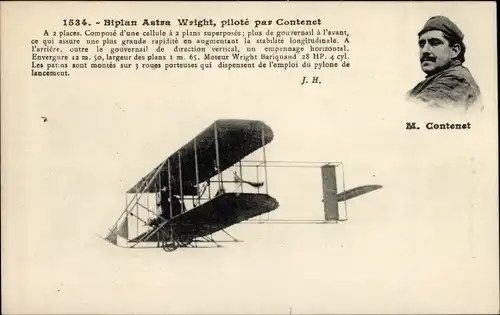 Ak Biplan Astra Wright, pilote par Contenet, Doppeldecker, Flugpionier