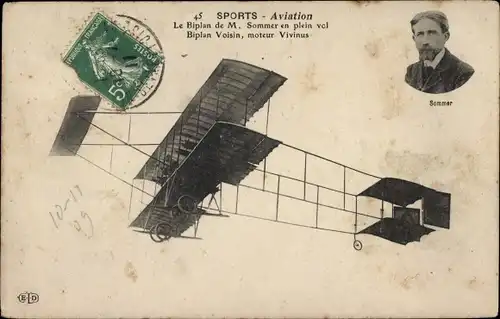 Ak Sports, Aviation, Biplan de M. Sommer en plein vol, Doppeldecker, Flugpionier