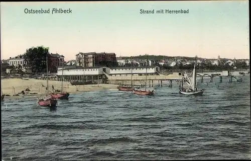 Ak Ostseebad Ahlbeck Heringsdorf auf Usedom, Strand mit Herrenbad, Segelboote