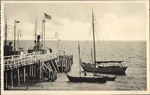 Ak Ostseebad Göhren auf Rügen, Landungsbrücke, Boote, Fahnen