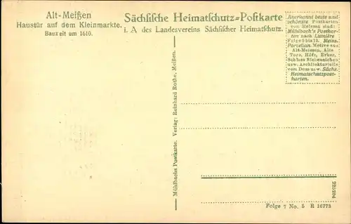 Ak Meißen an der Elbe, Haustür auf dem Kleinmarkte, Bauzeit um 1610