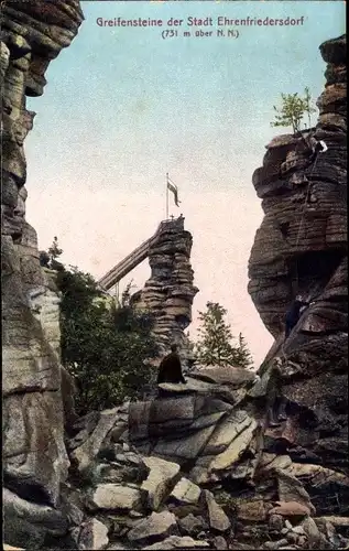 Ak Ehrenfriedersdorf im Erzgebirge, Greifensteine, Aussichtspunkt, Treppe, Fahne