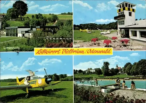 Ak Vielbrunn Michelstadt im Odenwald, Limeshalle, Sportflugplatz, Schwimmbad, Flugzeug