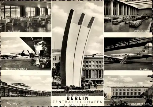 Ak Berlin Tempelhof, Zentralflughafen, Flugsteig, Maschinenwartung, Luftbrückendenkmal, Restaurant