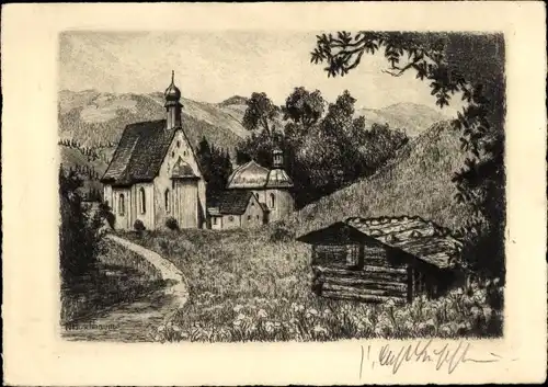 Künstler Ak Oberstdorf im Oberallgäu, St. Loretto, Original-Radierung