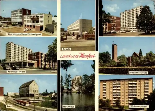 Ak Manfort Leverkusen im Rheinland,  Schule, Hotel Schweigert, Adenauer-Platz, Johannes-Kirche
