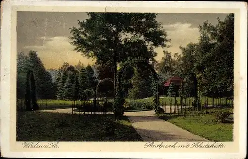 Ak Werdau in Sachsen, Stadtpark mit Schutzhütte