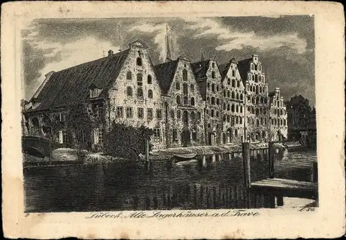 Künstler Ak Hansestadt Lübeck, Alte Lagerhäuser an der Trave, Kupferradierung