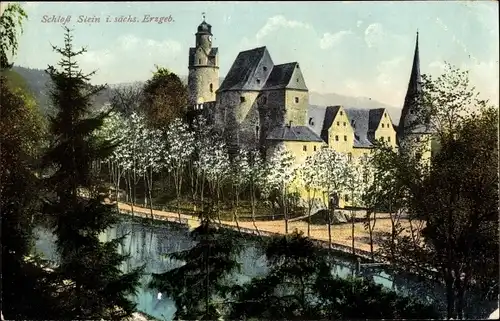 Ak Stein Hartenstein im Erzgebirge Sachsen, Schloss Stein, Flusspartie
