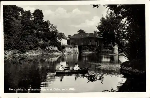 Ak Wünschendorf an der Elster, Holzbrücke, Ruderboot