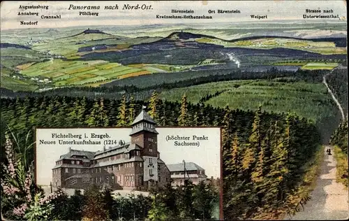 Künstler Ak Falk, Oberwiesenthal im Erzgebirge Sachsen, Neues Unterkunftshaus auf dem Fichtelberg