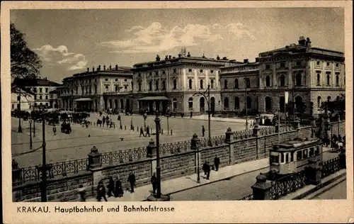 Ak Kraków Krakau Polen, Hauptbahnhof und Bahnhofstraße, Straßenbahn, Passanten