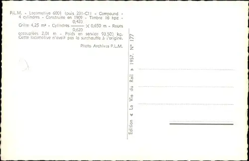 Ak Französische Eisenbahn, Chemin de Fer, Locomotive 6001, PLM