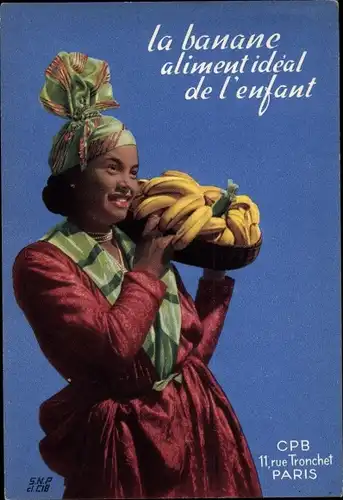 Ak Junge Frau mit Bananen, La Banane aliment ideal de l'enfant, CPB 11, rue Tronchet, Paris