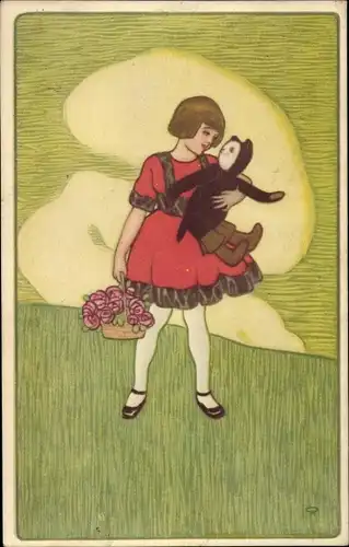 Künstler Ak Mädchen mit Plüschtier im Arm, gestiefelter Kater