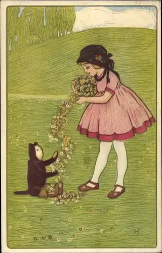 Künstler Ak Mädchen mit Plüschtier, gestiefelter Kater