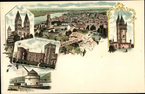 Litho Andernach am Rhein, Dom, Alter Krahnen, Drei Kaiser Turm, Burgruine