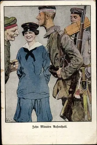 Künstler Ak Heilemann, Ernst, Zehn Minuten Aufenthalt, Soldaten, Uniformen, Frau im Matrosenanzug