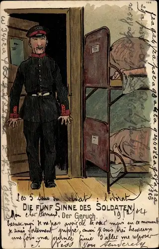 Künstler Litho Die fünf Sinne des Soldaten, Der Geruch