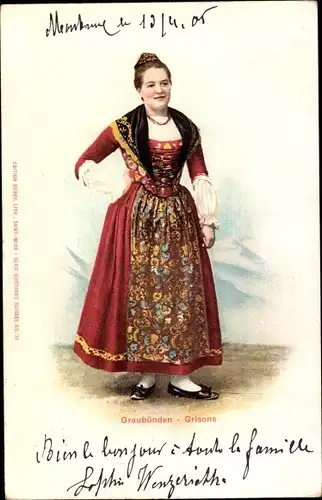 Ak Schweiz, Frau in Graubündener Tracht, Rock, Korsett
