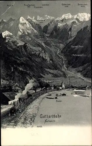 Ak Flüelen Kanton Uri Schweiz, Schweizer Eisenbahn, Gotthardbahn durch den Ort, Gebirge