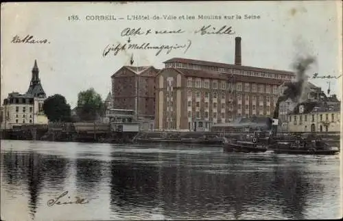 Ak Corbeil Essonne, L'Hotel de Ville et les Moulins sur la Seine