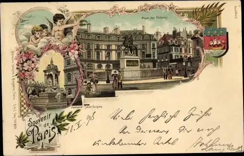 Litho Paris, Place des Victoires, Fontaine Saint Sulpice, Wappen, Engel