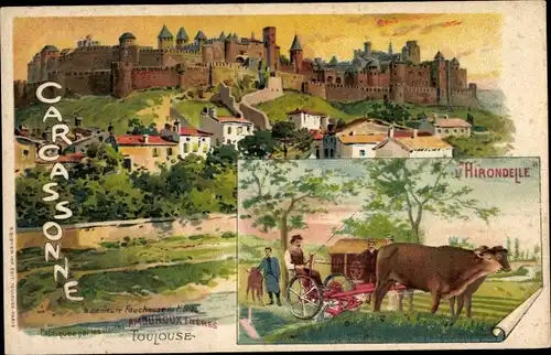 Ak Toulouse Haute Garonne, Blick auf den Ort mit Schloss, Rind, Fuhrwerk