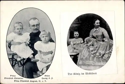 Ak Prinz Friedrich August von Sachsen, Prinz Georg, Prinz Friedrich Christian, König im Wickelbett