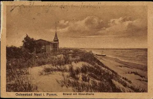 Ak Unieście Ostseebad Nest Pommern, Strand, Strandhalle