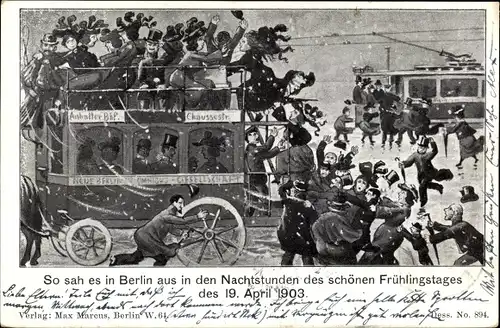 Ak Berlin, Unwetter 19. April 1903, Straßenpartie, Omnibus, Straßenbahn