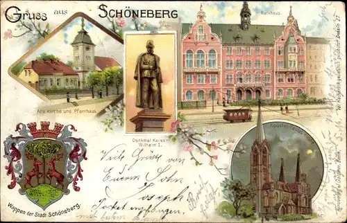 Wappen Litho Berlin Schöneberg, Alte Kirche, Pfarrhaus, Rathaus, Apostel Paulus Kirche, Denkmal