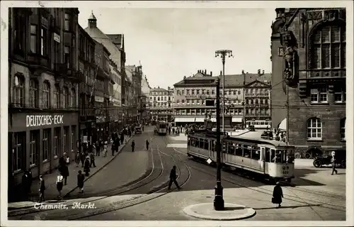 Ak Chemnitz in Sachsen, Markt, Deutsches Eck, Straßenbahn