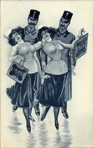 Künstler Ak Zwei Männer in Uniform betrachten zwei junge Frauen, Taschen mit Schallplatten