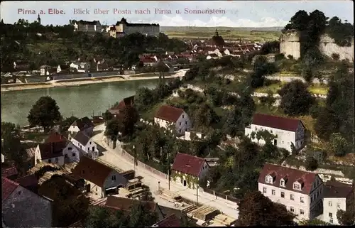 Ak Pirna an der Elbe, Blick über Posta nach Pirna und Sonnenstein