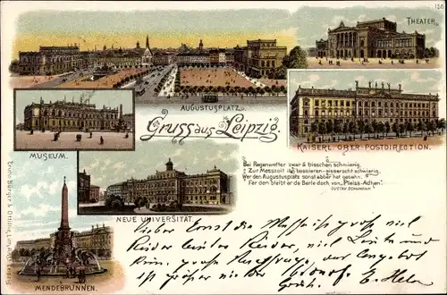 Litho Leipzig in Sachsen, Theater, Augustusplatz, Universität, Mendebrunnen, Museum