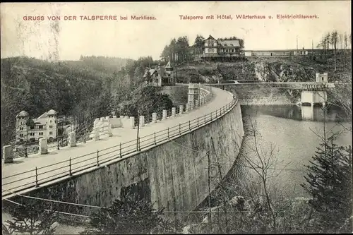 Ak Leśna Marklissa Schlesien, Queis Talsperre, Hotel, Wärterhaus, Elektrizitätswerk