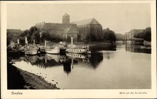 Ak Wrocław Breslau Schlesien, Sandkirche, Anlegestelle