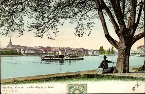 Ak Genève Genf Schweiz, Vue sur la ville dépuis la Jetée, Salondampfer