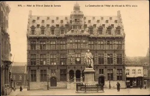 Ak Hal Flämisch Brabant Flandern, Hotel de Ville et Statue de Servais