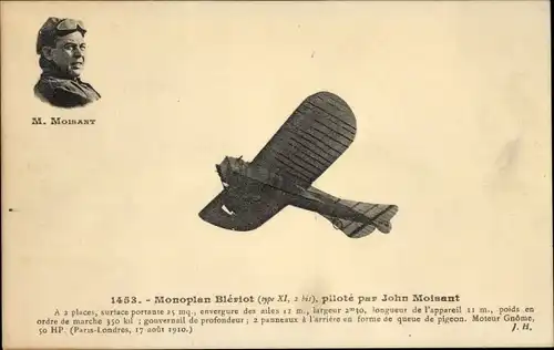Ak Monoplan Bleriot, pilote par John Moisant, Flugpionier